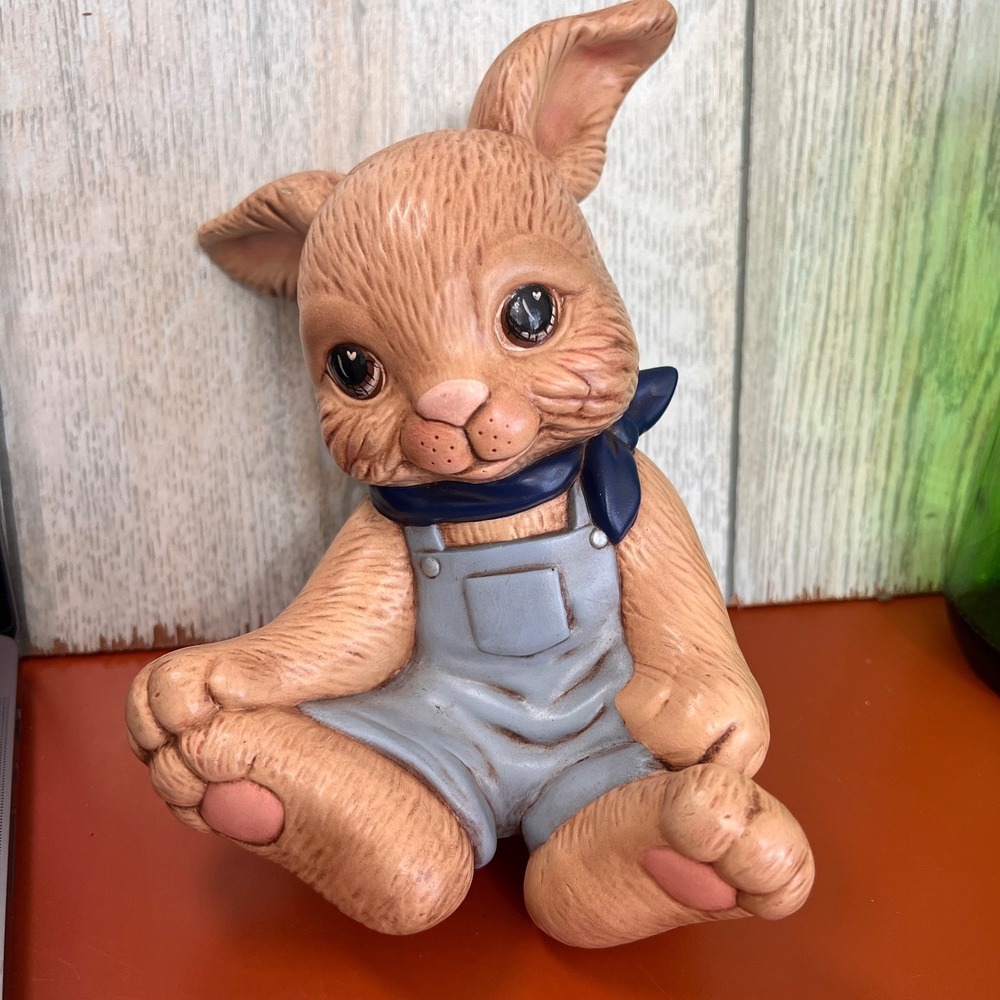 Vintage Boy Farmer Brown Bunny Rabbit Garden Decor Ceramic Hand Painted Kitschy